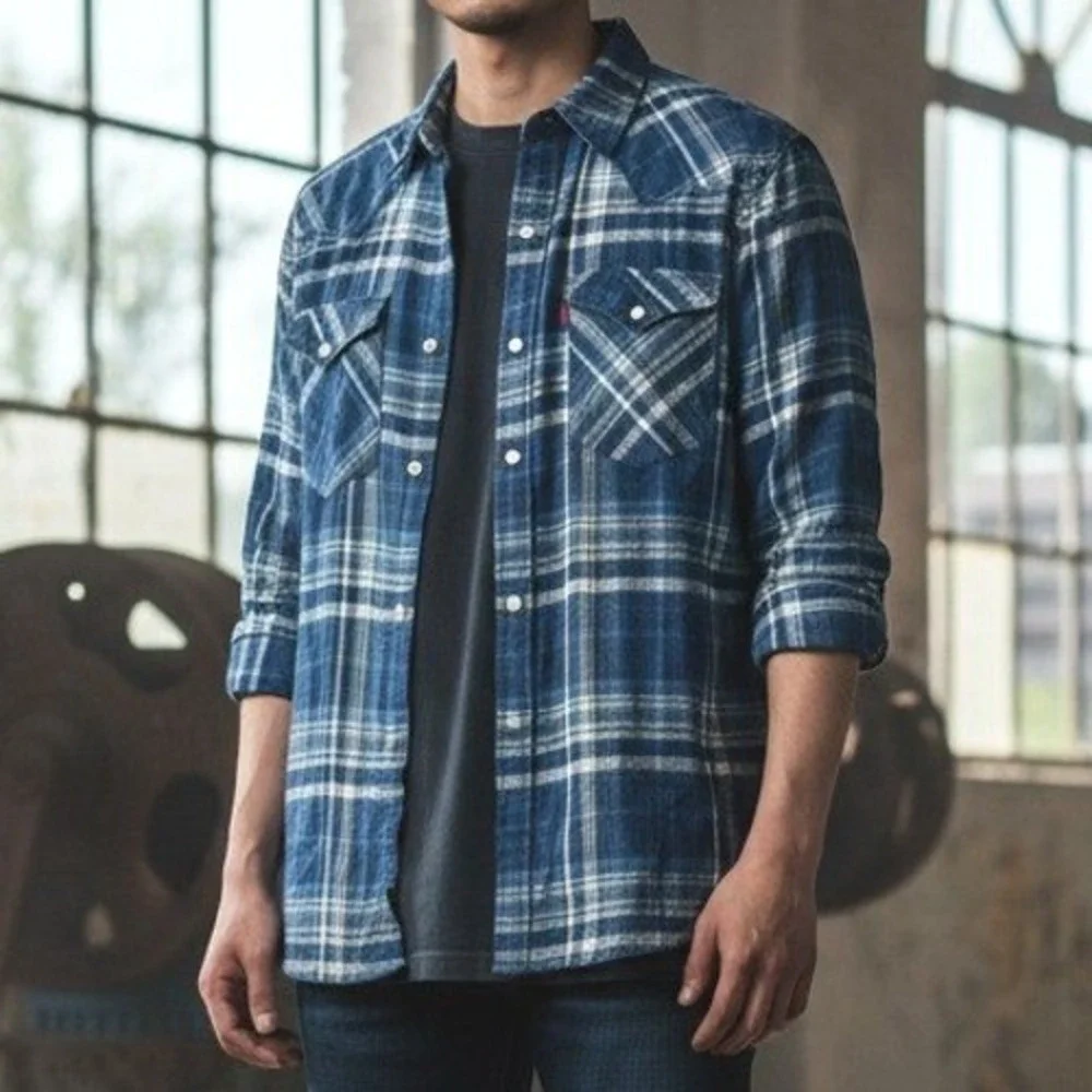 Levi Mens S‎ Blue Plaid Cotton Western Standard Fit Pearl Snap Long Sleeve Shirt